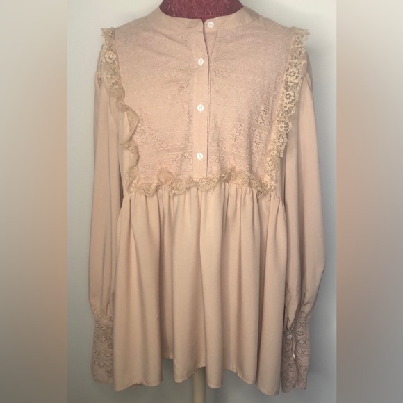 Sheilay long sleeve ruffle lace Bohemian prairie peasant top Tan Plus size 3X - Picture 2 of 13